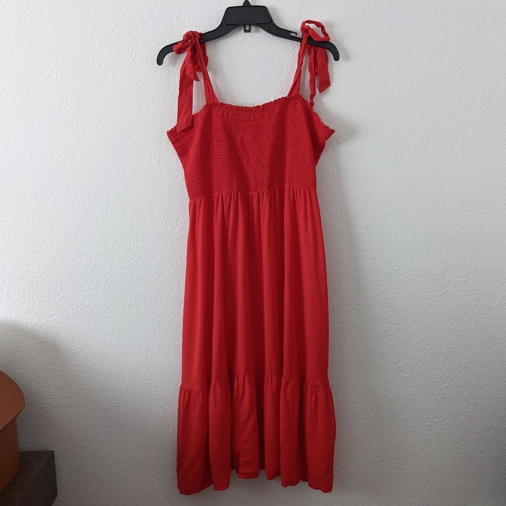 a new day Red Tie-Shoulder Smocked Sundress